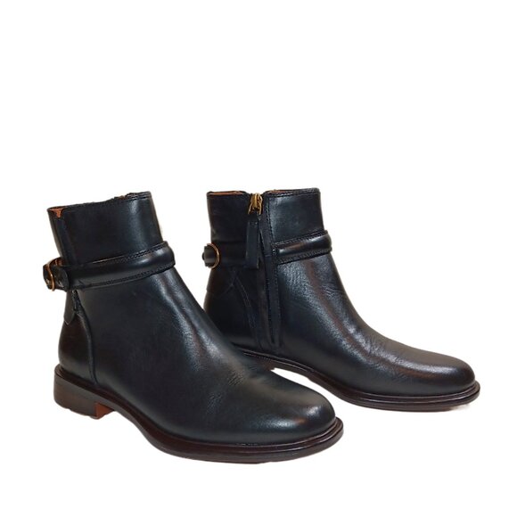 Franco Sarto Elese Boots Womens 5 Black Leather Buckle Strap Riding Preppy New - Picture 3 of 7